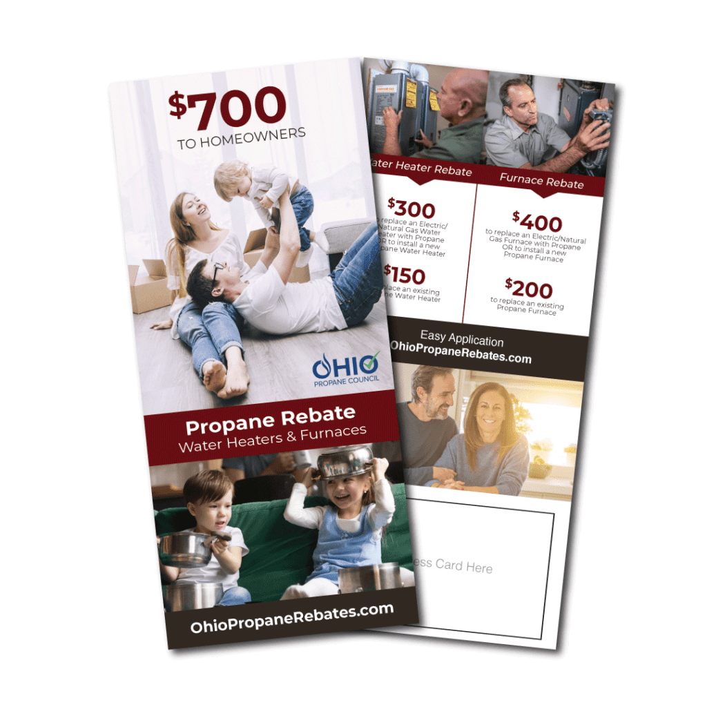 Ohio Propane Council pamphlet displaying $700 propane rebate incentives for water heaters and furnaces with images of families and equipment.