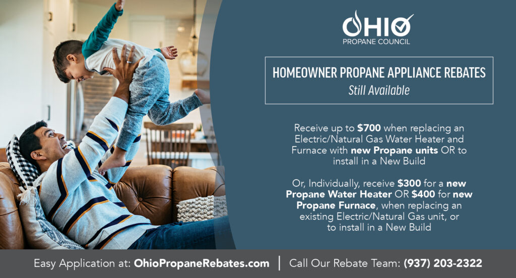 Ohio Propane Council Homeowner Propane Appliance Rebates Flyer showcasing family with rebate options for water heaters and furnaces.