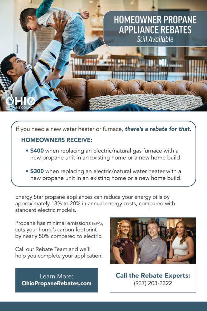 Ohio Propane Council Homeowner Propane Appliance Rebates Flyer featuring a family and rebate details for replacing water heaters and furnaces.