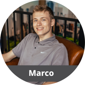 In a circular frame: A young adult white male with short blonde hair sits in a leather chair. He wears a gray polo shirt and smiles. Across the bottom is a dark gray banner with white text in it that reads "Marco".
