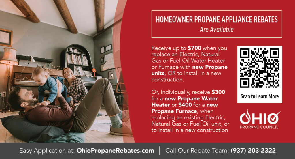 Family enjoying a cozy home environment with information about Ohio Propane Council homeowner propane appliance rebates.