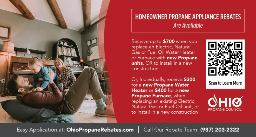 Family enjoying a cozy home environment with information about Ohio Propane Council homeowner propane appliance rebates.